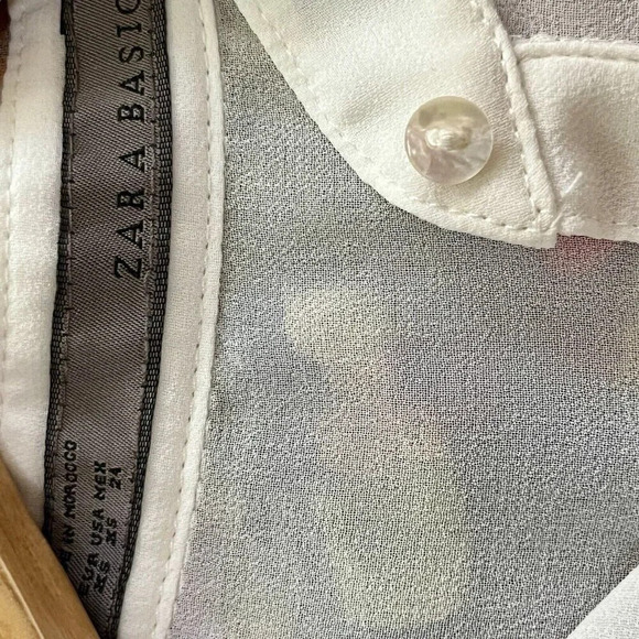 Zara| Feminine White Ruffle High Collar Sheer Button Up Cap Sleeve Top Blouse XS - Picture 6 of 7